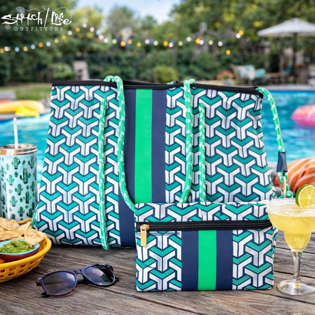 Striped Neoprene Tote Bag with Matching Wallet