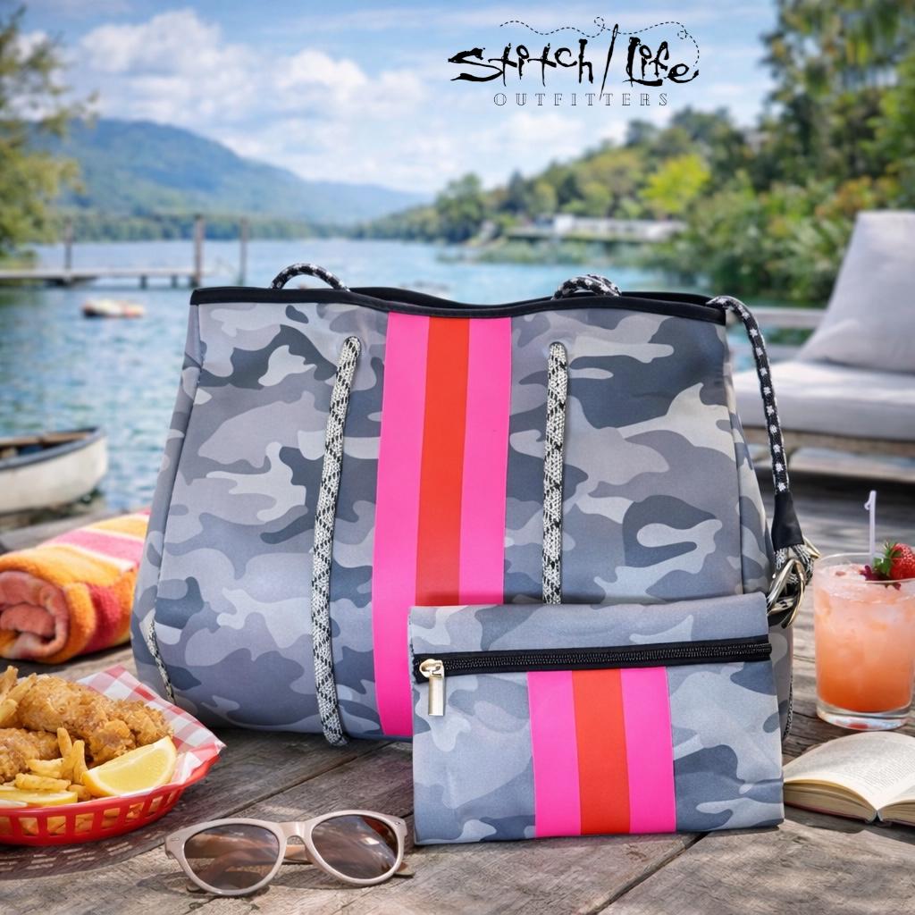 Striped Neoprene Tote Bag with Matching Wallet