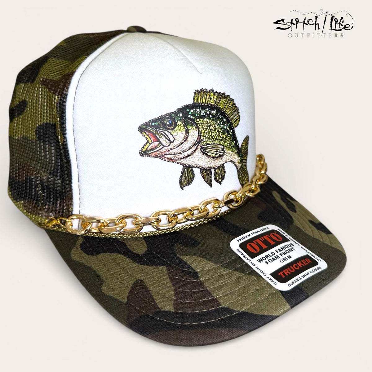 Rhinestone Bass Camo Trucker Hat