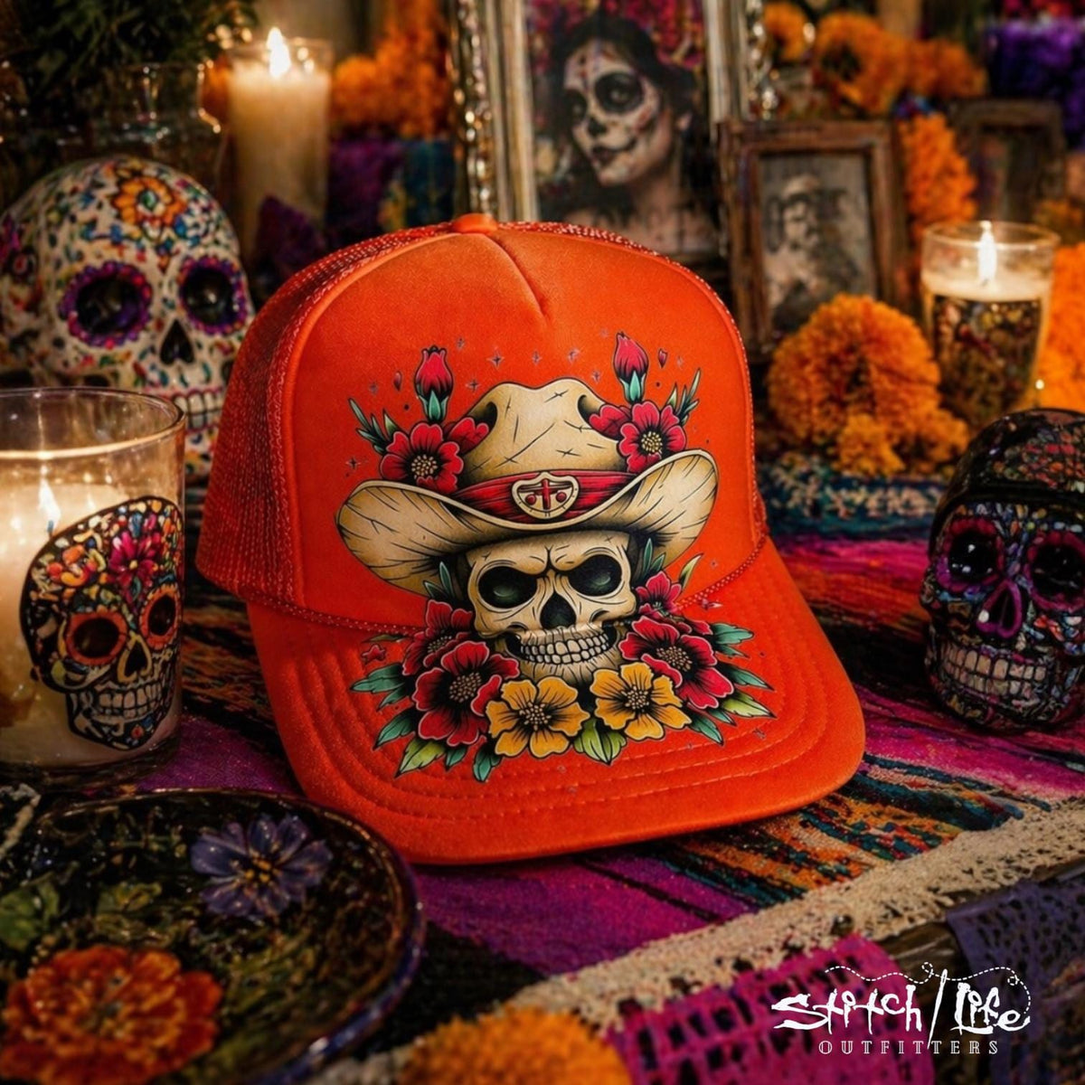 Day of the Dead Skull Vintage Tattoo Trucker Hat